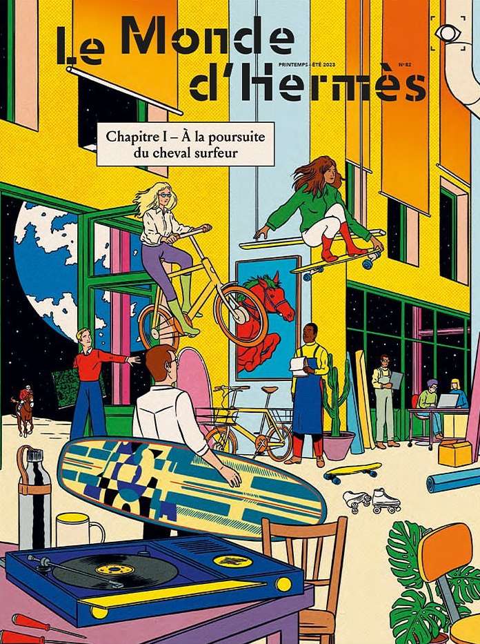 Illustration of a group of people with bikes and skateboards in a colorful, abstract setting with city, space, and ocean elements.