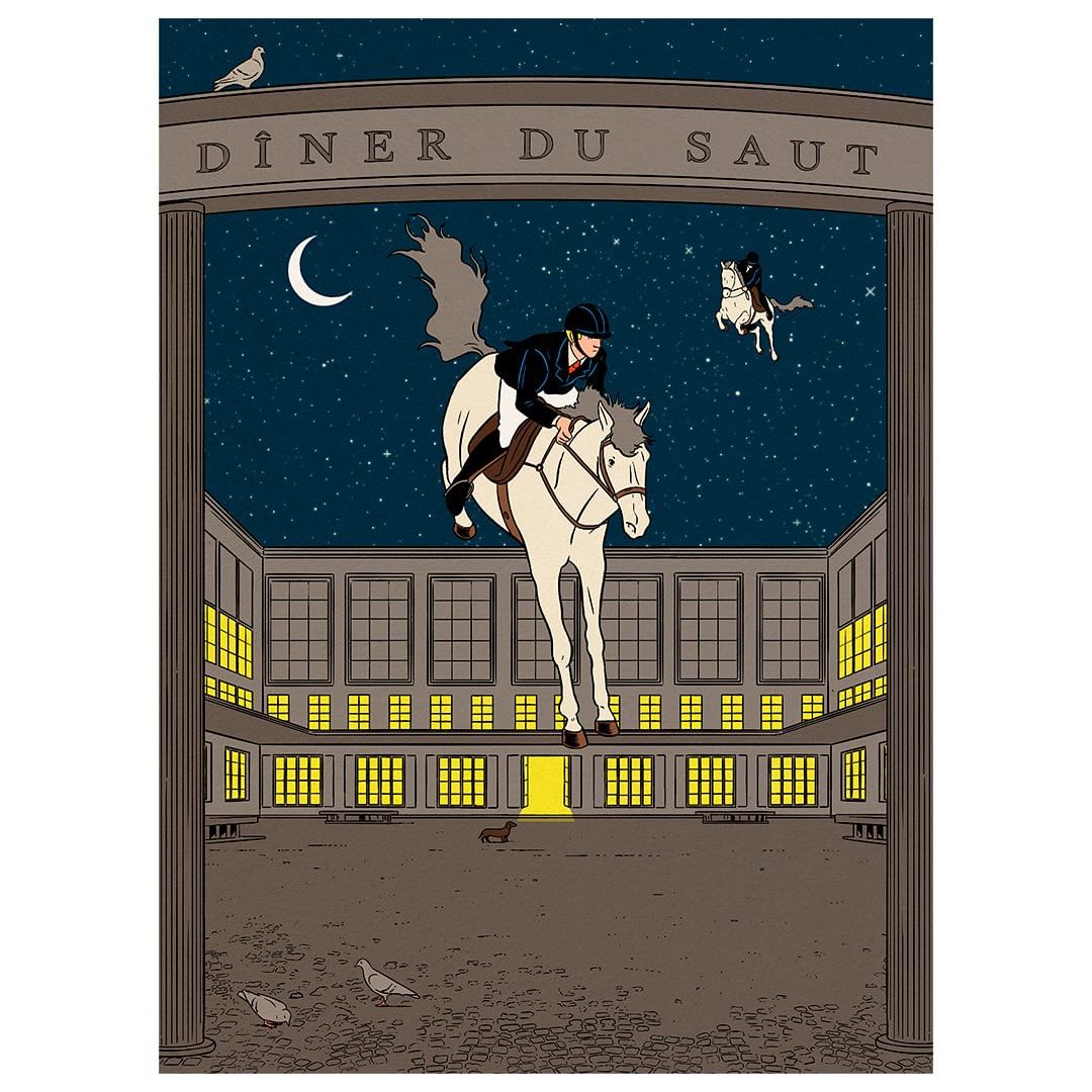 Illustration of a person riding a white horse jumping over an object, set against a starlit sky and building backdrop.