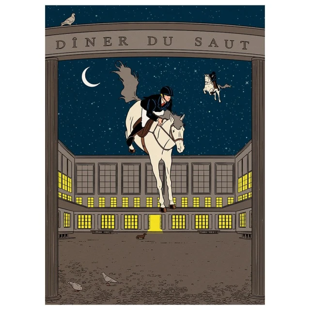 Illustration of a person riding a white horse jumping over an object, set against a starlit sky and building backdrop.
