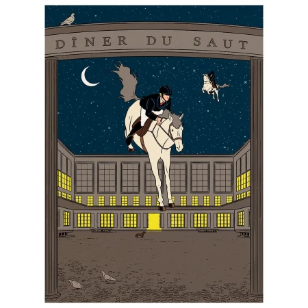 Illustration of a person riding a white horse jumping over an object, set against a starlit sky and building backdrop.