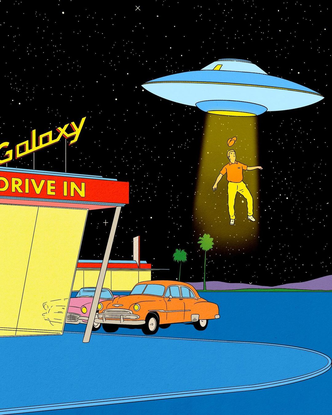 Cartoon art of a man levitating in a beam of light from a UFO over a drive-in restaurant with vintage cars against a starry sky.