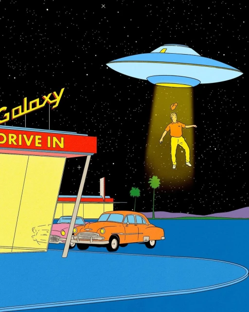 Cartoon art of a man levitating in a beam of light from a UFO over a drive-in restaurant with vintage cars against a starry sky.