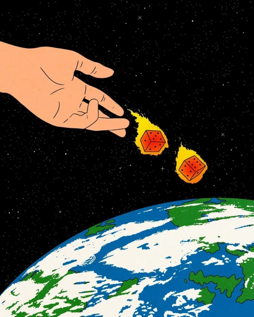 Conceptual illustration of a hand dropping two dice, which are on fire, towards the earth in a space scene with stars.