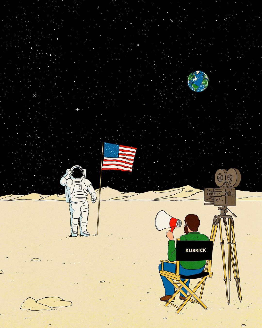 Illustration of an astronaut standing on the moon next to an American flag, with a director in a chair with a megaphone.