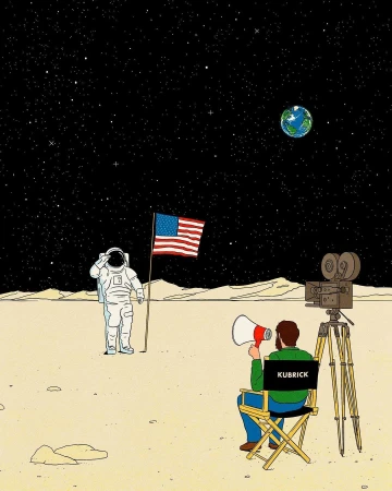 Illustration of an astronaut standing on the moon next to an American flag, with a director in a chair with a megaphone.