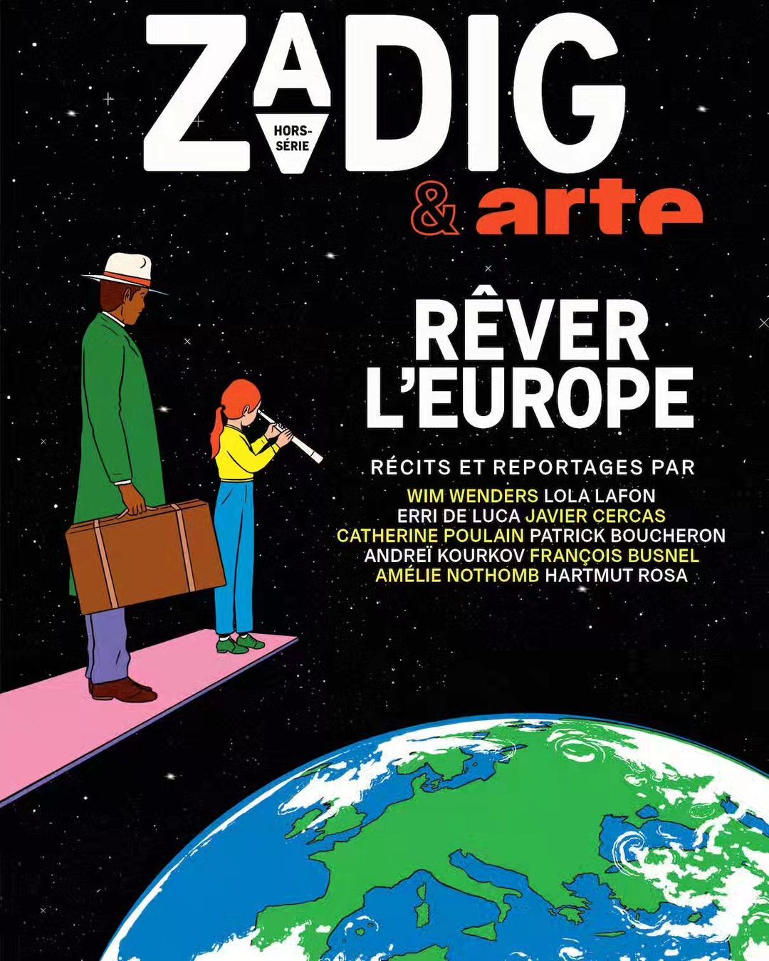 Illustration of an adult male with a suitcase and a child with a telescope on a pink path, earth in the background, magazine cover art.
