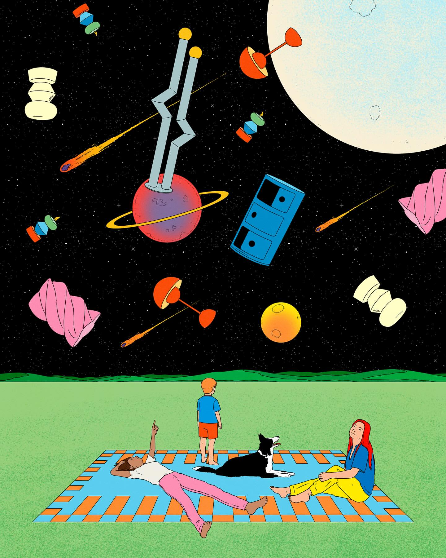 Illustration of a picnic on a lawn featuring two women, a child, and a dog, with surreal space-themed objects floating above.