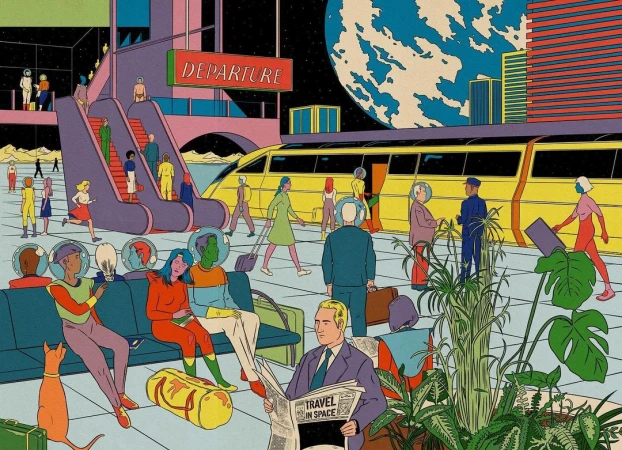 Illustration of people in a spaceport with an overhead departure sign, futuristic train, and buildings set against a planet and starscape.