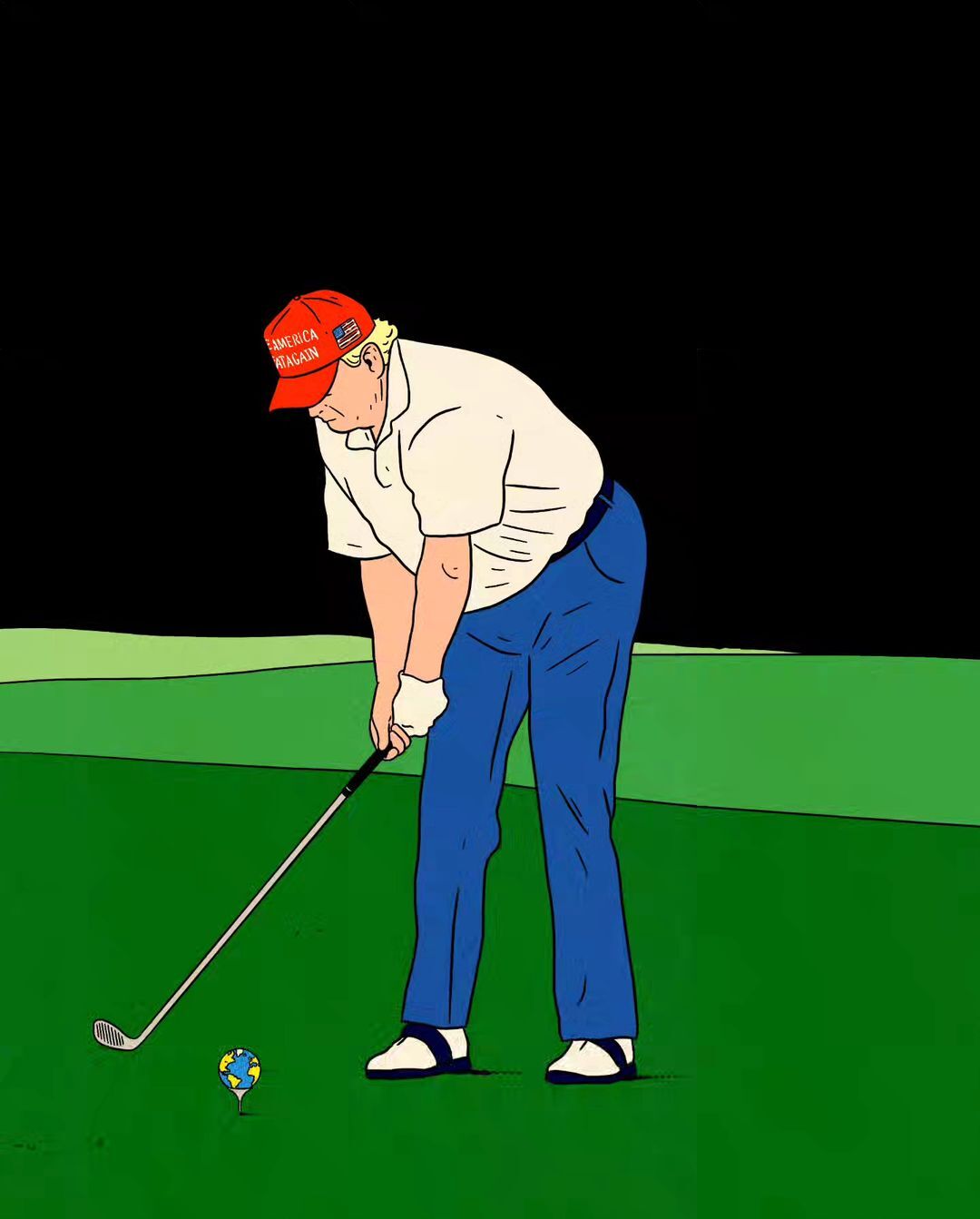 Illustration of a man in a red hat playing golf with a golf club on a green course, with a dark background, cartoon style.