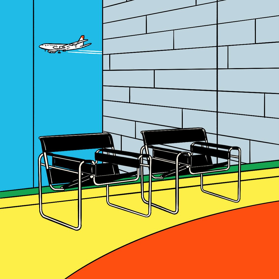 Illustration of two black Wassily chairs on a yellow, green and orange floor with an airplane in the blue sky above.