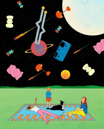 Illustration by Simon Bailly showing people and a dog picnicking on green grass under a starry night sky filled with celestial objects.