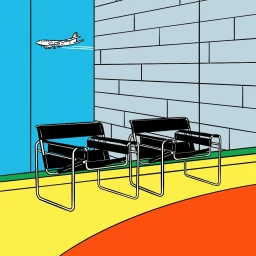 Illustration by Simon Bailly showing two black armchairs in front of a tiled wall with an airplane flying in the blue sky.