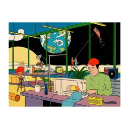 Illustration of a man sewing at a table inside a futuristic workshop with large windows showing space and a planet