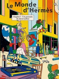 Colorful illustration of multiple people in a bright architectural space with bicycles and a surfboard by Simon Bailly