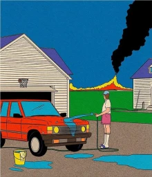 Illustration by Simon Bailly showing a man washing a red car while a distant volcano erupts behind suburban houses