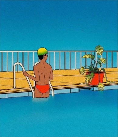 An illustrated figure in red swim trunks and a yellow swim cap stands by pool ladder under a blue sky.