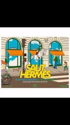 Illustrated poster by Simon Bailly for Saut Hermes featuring a rider on a white horse leaping in front of a Paris storefront