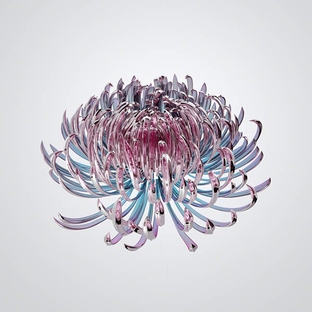 Close-up of a 3D-rendered flower with iridescent petals in pink, blue, and silver, set against a white background in a studio shot.