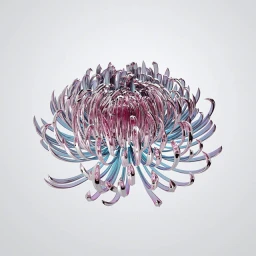 A metallic flower sculpture with pink and blue reflective chrome petals against a clean light grey studio background.