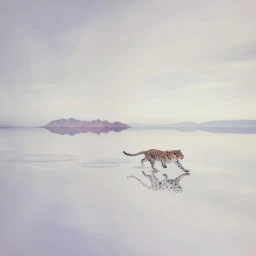 Leopard running across a reflective shallow body of water with distant mountains under an overcast sky.