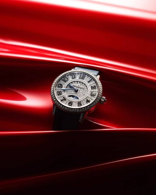 Luxury wristwatch with diamond embellishments on a red satin background, highlighted by soft lighting that accentuates its elegance.