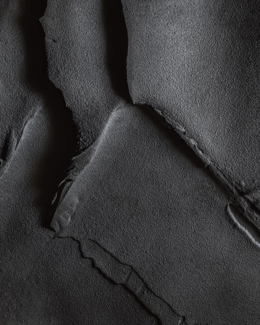 Abstract texture with ridges and crevices in tones of gray, creating a dramatic, monochrome landscape-like effect in a close-up view.