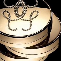 Close-up macro shot of three stacked gold compact cases with a jewelled studded logo design on a black background
