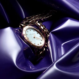 Bvlgari luxury watch resting on glossy purple draped fabric in a dramatic studio shot.