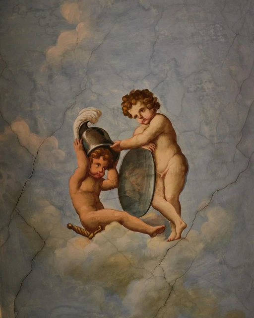 Painted image of two children with curly red hair, one wears a silver helmet and holds a shield, both sit on a cloud-like surface.