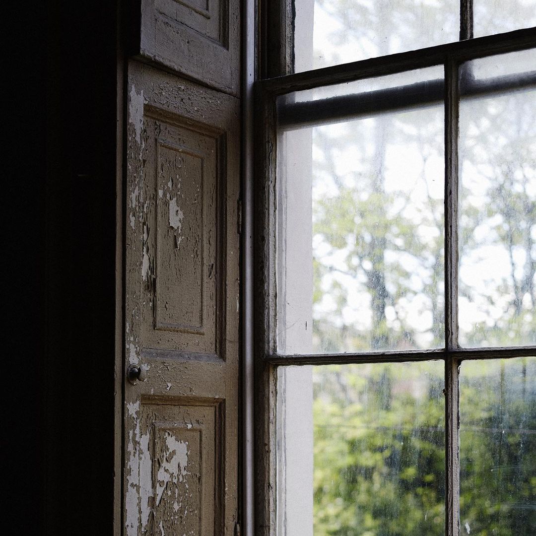 Close-up of an old window with distressed shutters, showcasing peeling paint and natural light filtering through the glass, with a green outdoor view.