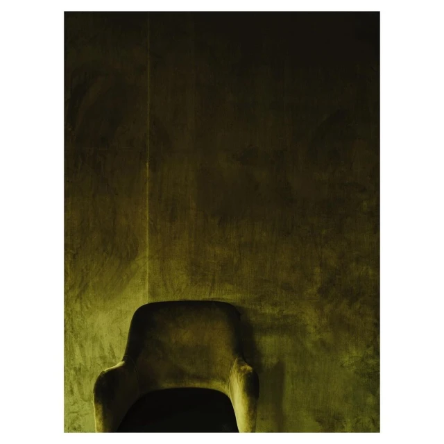 Interior photography of a green velvet-upholstered armchair against a textured olive-green wall in a room with dark, moody lighting.