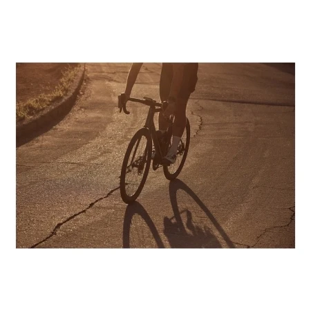 An adult rides a road bike on a cracked asphalt road in the late afternoon or early morning light, casting a long shadow.