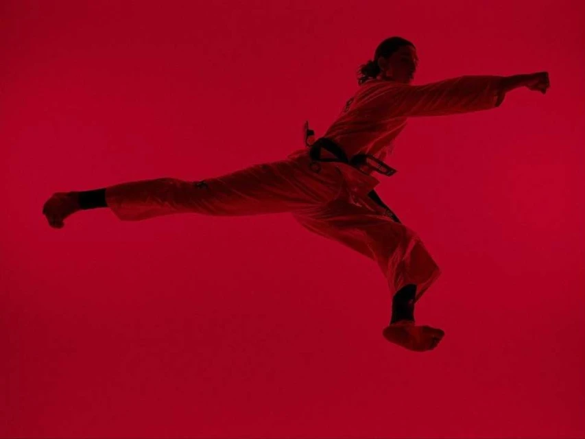 A martial artist in mid-air executing a punch, wearing a white gi with a black belt, set against a saturated red backdrop.