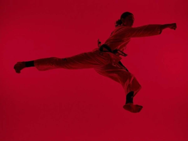 A martial artist in mid-air executing a punch, wearing a white gi with a black belt, set against a saturated red backdrop.