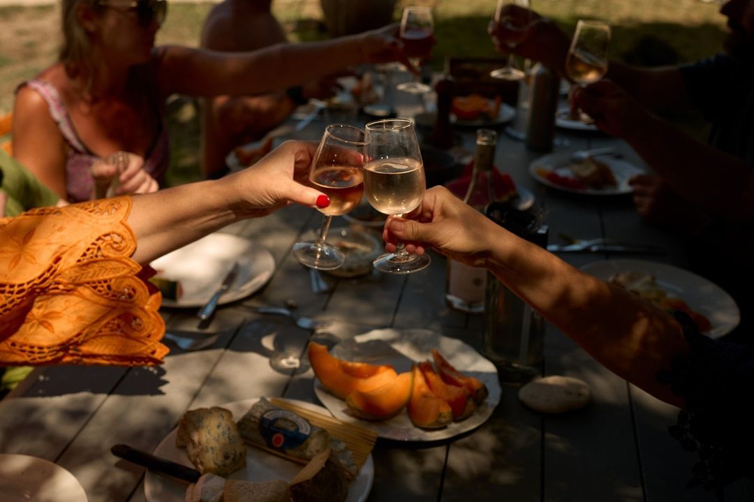 Outdoor dining with friends; people raising wine glasses in a toast at a table with food, fruit, and wine bottles in natural light.
