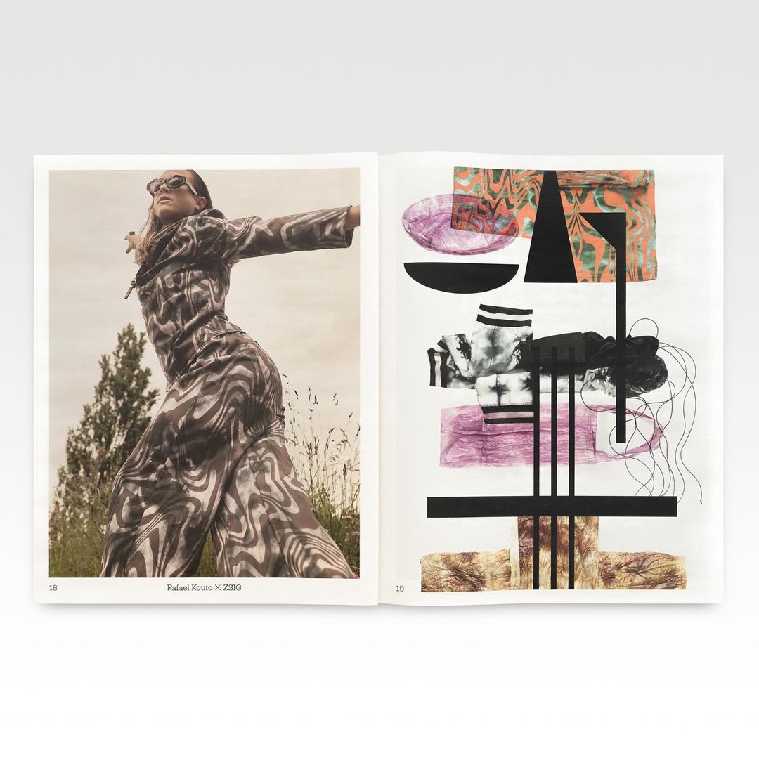 Fashion spread in magazine: A woman in a patterned jumpsuit strikes a pose in a field; abstract geometric collage on right page.