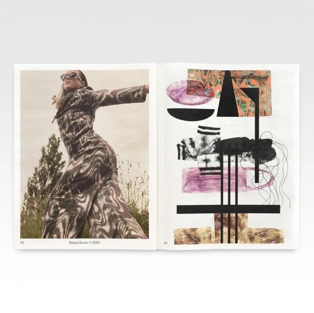 Fashion spread in magazine: A woman in a patterned jumpsuit strikes a pose in a field; abstract geometric collage on right page.