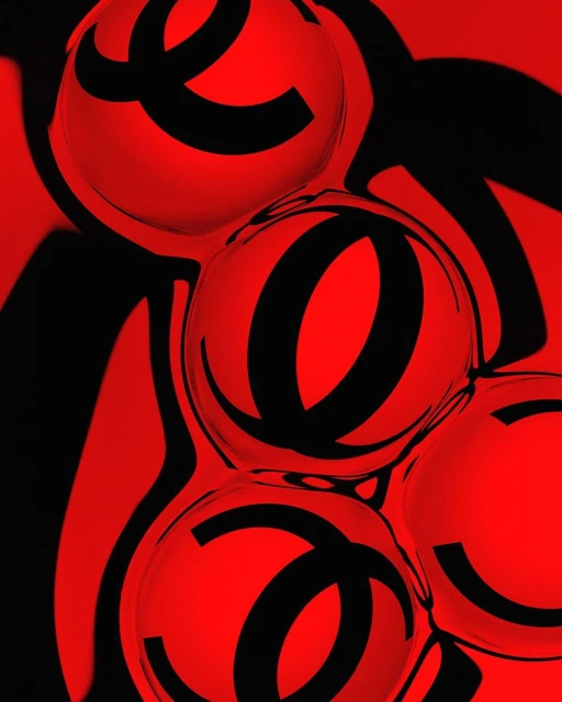 Abstract image featuring a black emblem reflected in multiple red spheres, creating a distorted and repetitive pattern on dark background.