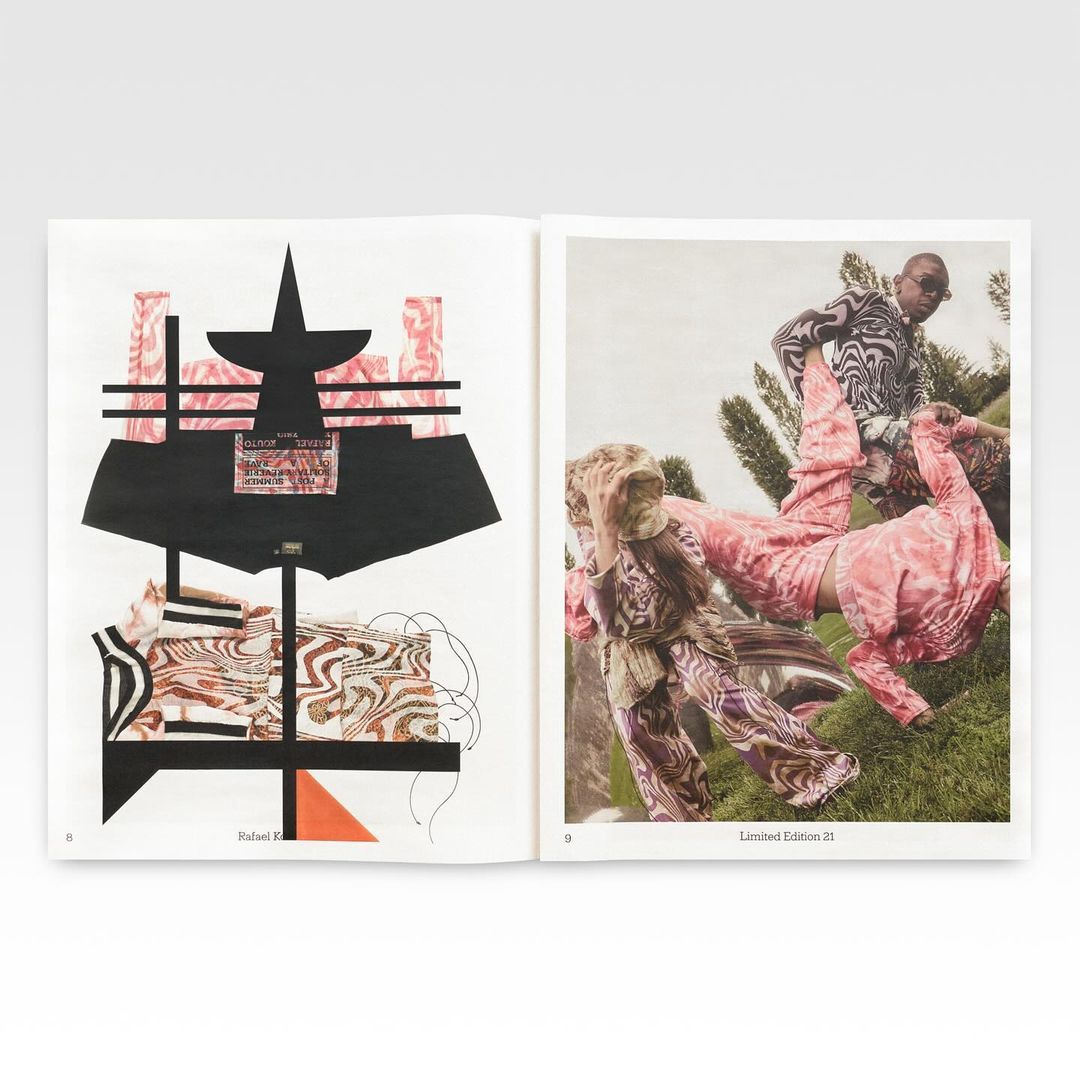 Collage artwork featuring models in patterned clothing, presented as part of a book spread, showcasing fashion and artistic design.