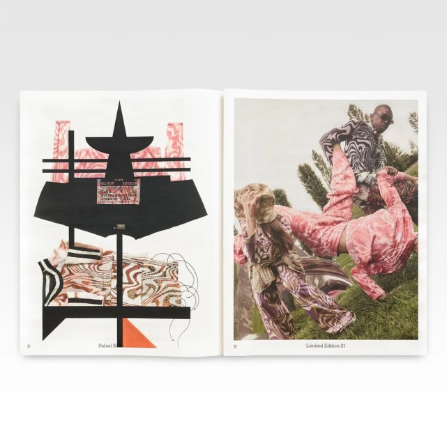 Collage artwork featuring models in patterned clothing, presented as part of a book spread, showcasing fashion and artistic design.