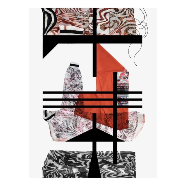 Abstract fashion art piece with fabric swatches and geometric black lines on a white background, graphic design, and vibrant textures.