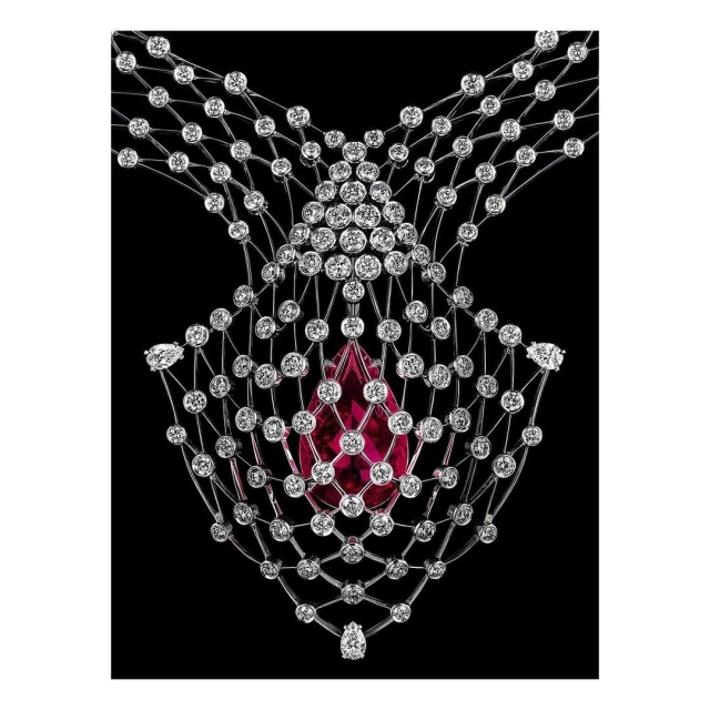 Necklace with white diamonds and large red gemstone in abstract pattern on a black background. Jewelry fashion advertising photo.
