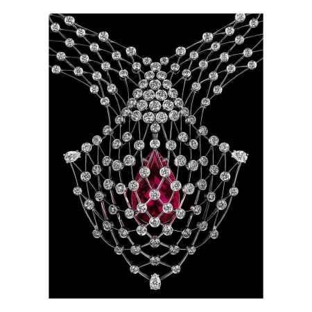 Necklace with white diamonds and large red gemstone in abstract pattern on a black background. Jewelry fashion advertising photo.