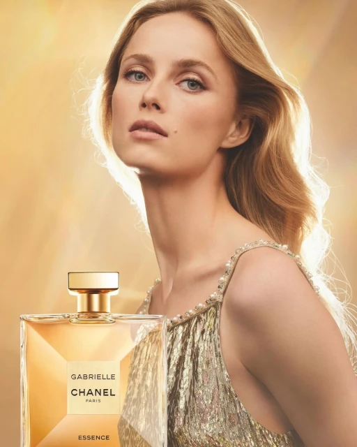 A blonde woman gazes at the viewer alongside a Chanel Gabrielle Essence perfume bottle against a soft golden background.