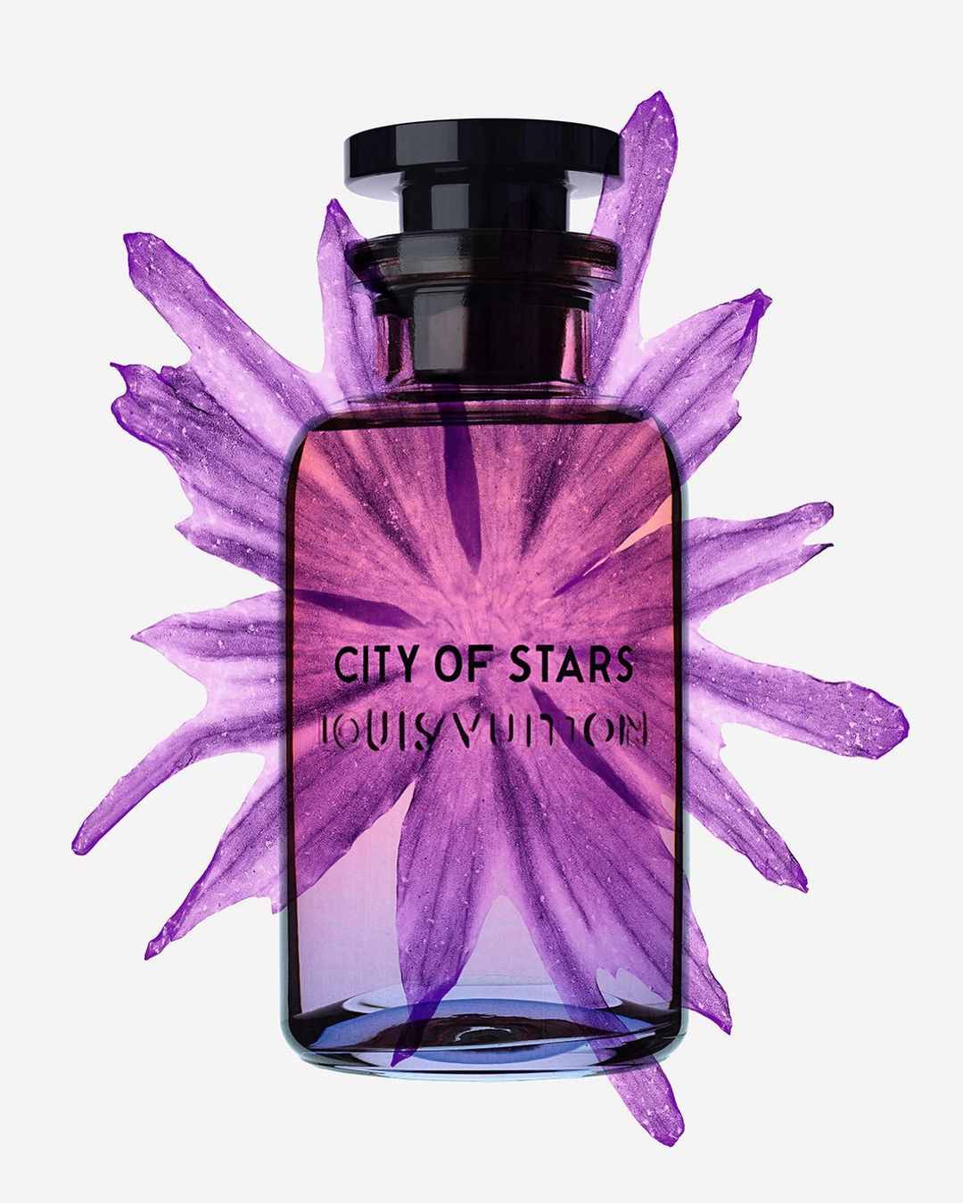Fragrance bottle with purple floral design on a white background. Louis Vuitton City of Stars perfume bottle is prominent in the shot.