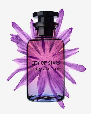 Fragrance bottle with purple floral design on a white background. Louis Vuitton City of Stars perfume bottle is prominent in the shot.