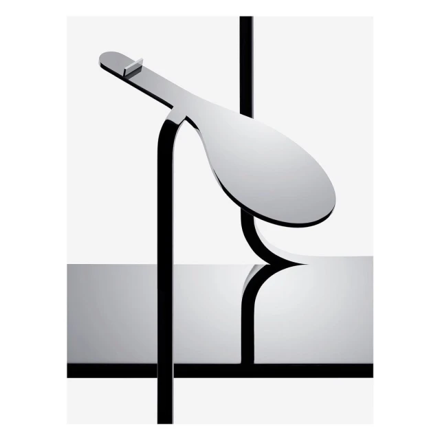 Abstract geometric sculpture featuring a glossy paddle-like form supported by black beams, set against a bright white backdrop.