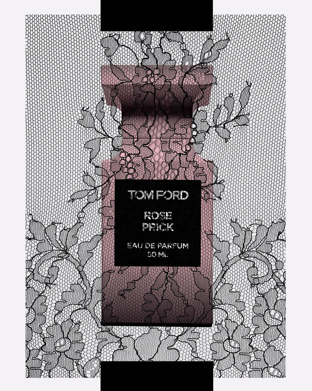 Tom Ford Rose Prick perfume bottle displayed against a black and gray floral lace background and black bars at the top and bottom.