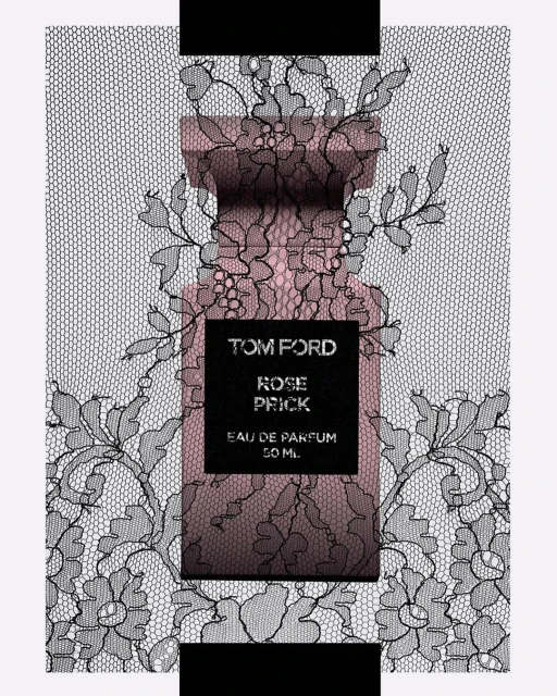 Tom Ford Rose Prick perfume bottle displayed against a black and gray floral lace background and black bars at the top and bottom.