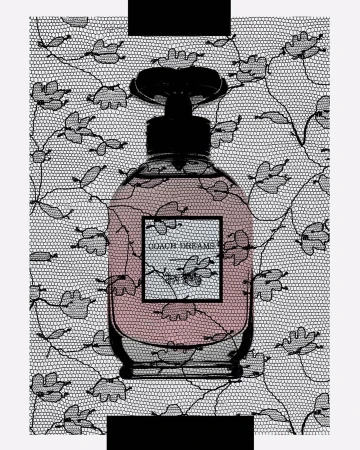 Coach Dreams perfume bottle on a white background with black lace. The pink liquid of the perfume is visible through the glass.
